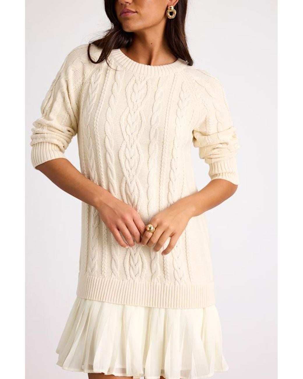 Lulus Natural Alvie Cream Cable Knit Drop Waist Sweater Dress