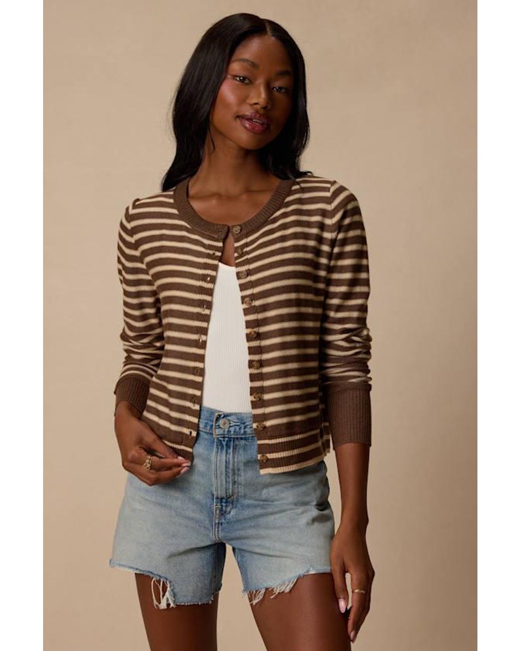 Lulus Brown Becky And Striped Button-Up Cardigan