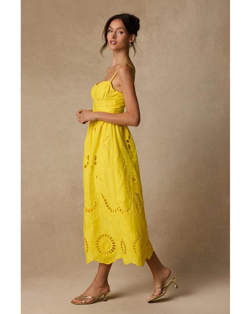 Lulus Yellow Jenora Embroidered Bustier Midi Dress