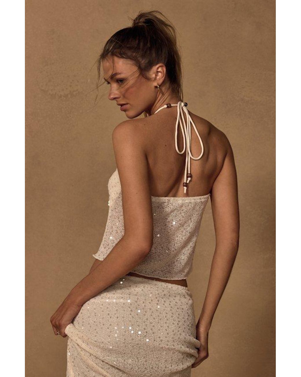 Lulus Brown Malita Cream Crochet Sequin Halter Top