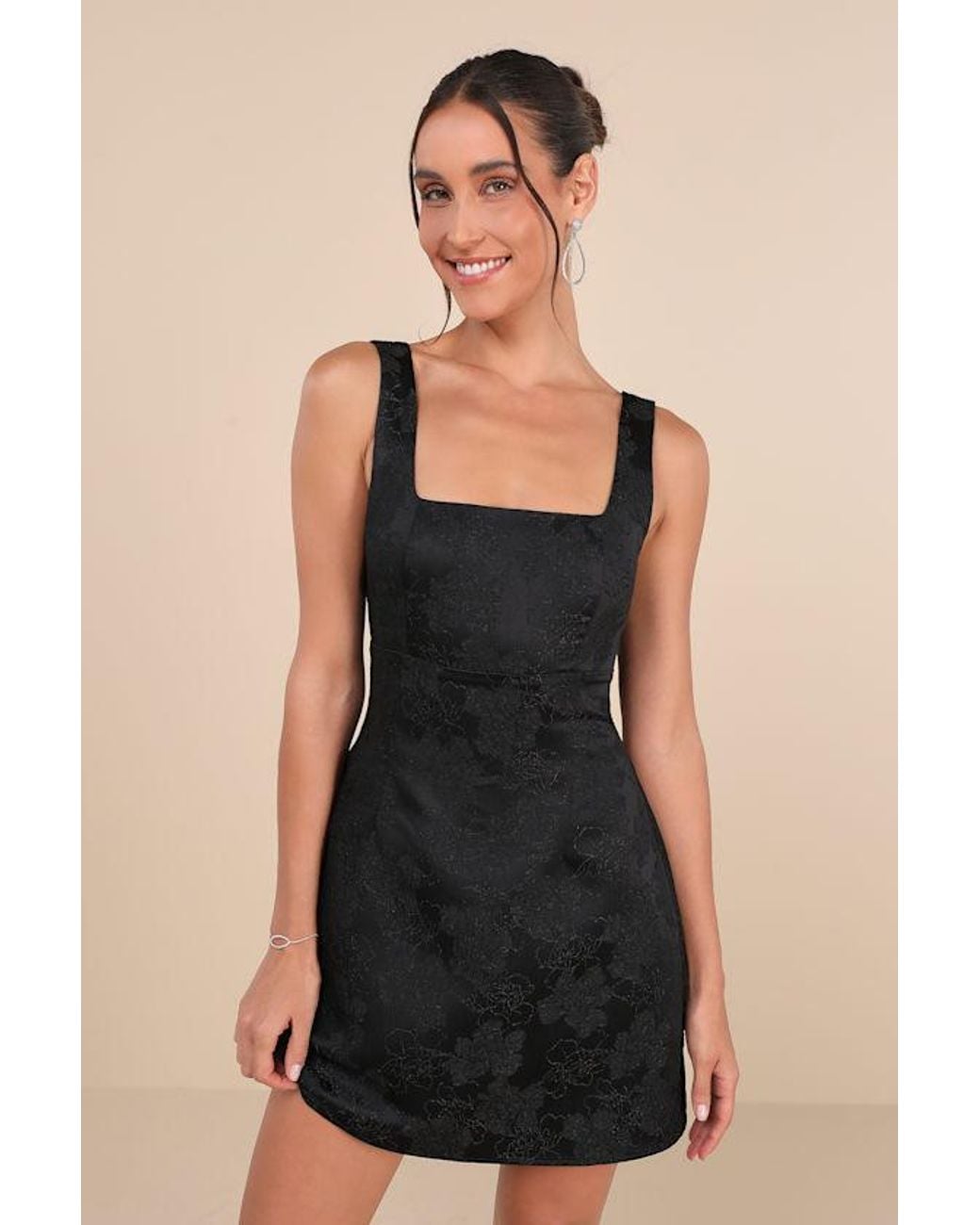 Lulus Black Perfectly Flirtatious Floral Jacquard Tie-Back Mini Dress