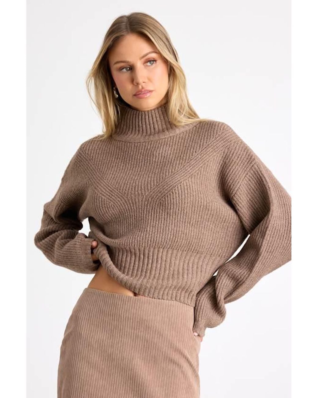 Lulus Brown Snuggly Days Cropped Mock Neck Sweater