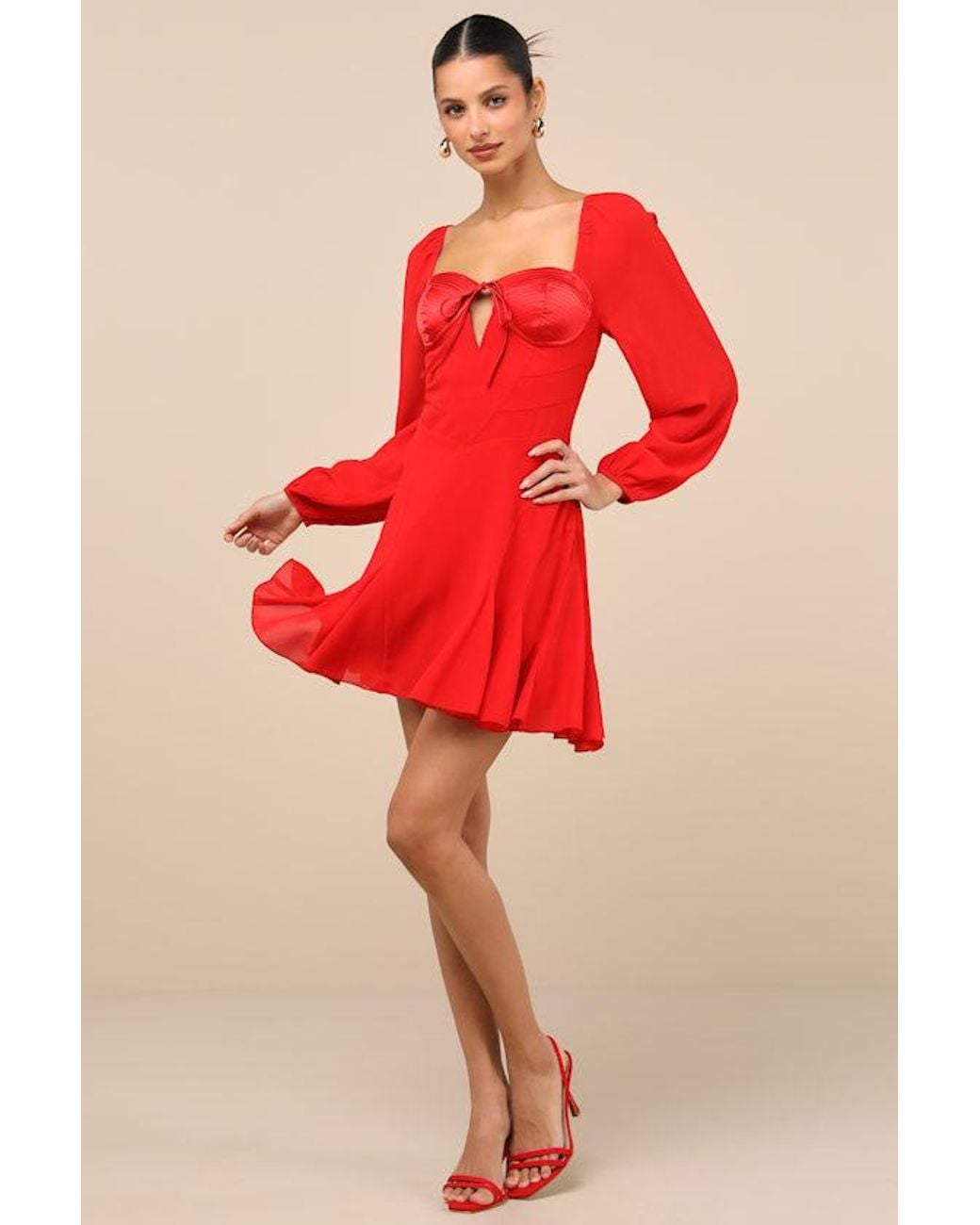Lulus Red Excellent Presence Long Sleeve Tie-Back Mini Dress
