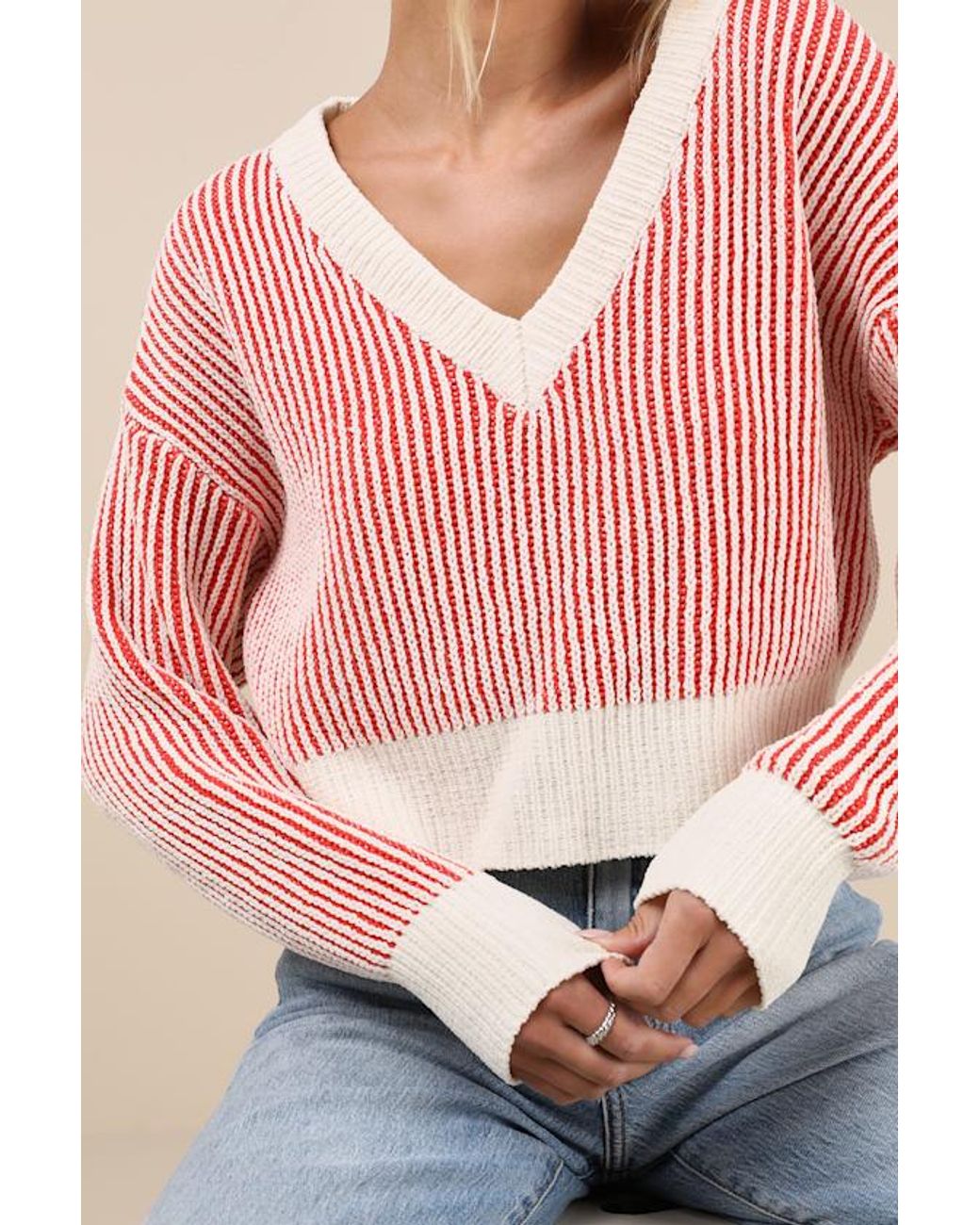 Lulus Pink Attractively Cozy Striped V-Neck Pullover Sweater