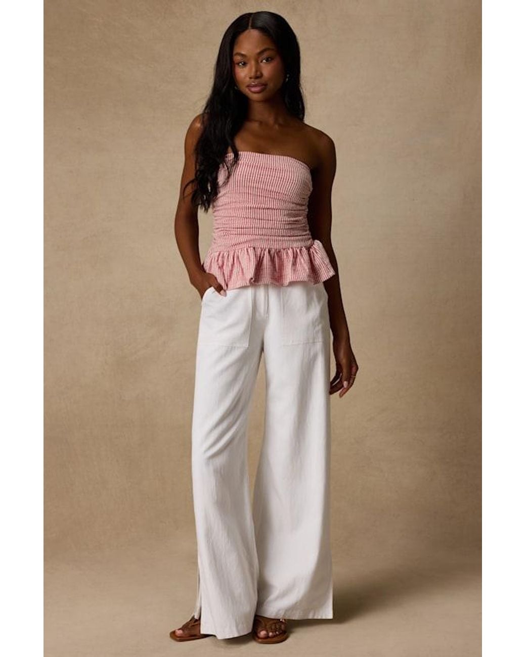Lulus Brown Philomena Striped Strapless Peplum Top