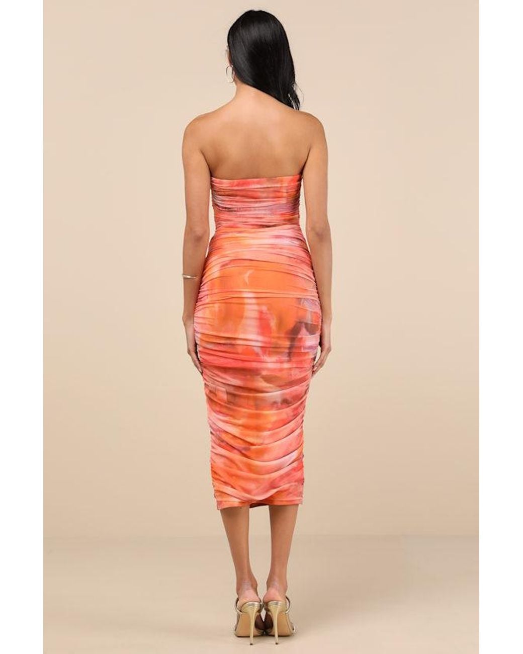 Lulus Orange Vania Abstract Mesh Ruched Strapless Midi Dress
