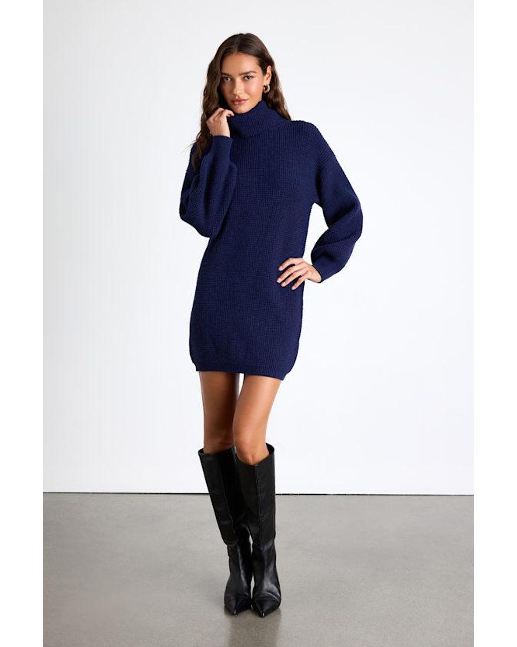 Lulus Casual Coziness Waffle Knit Cowl Neck Sweater Dress in Blue | Lyst