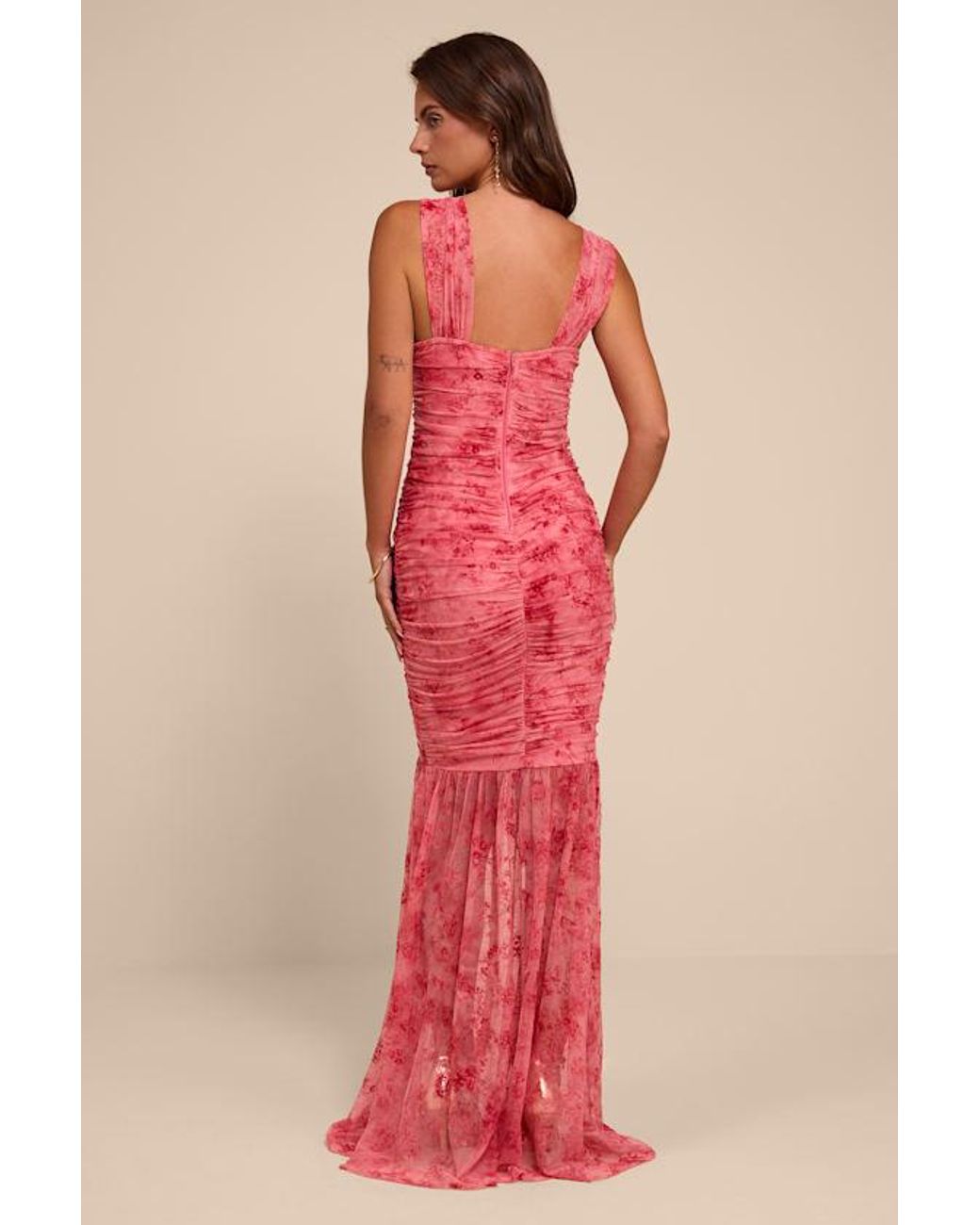 Lulus Red Jamie Floral Mesh Sheer Hem Maxi Dress