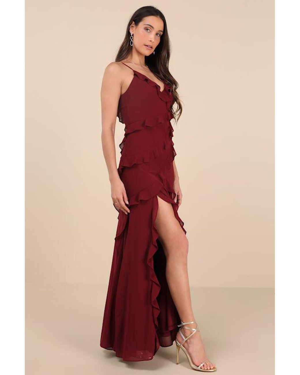Lulus Red Fancy Sweetness Ruffled Lace-Up Sleeveless Maxi Dress