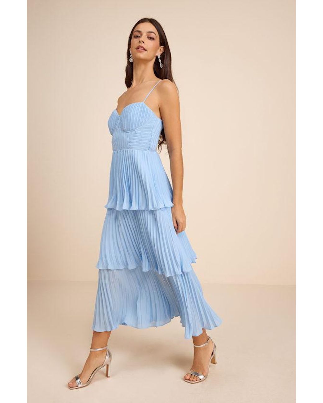 Lulus Blue Cascading Crush Tiered Bustier Midi Dress