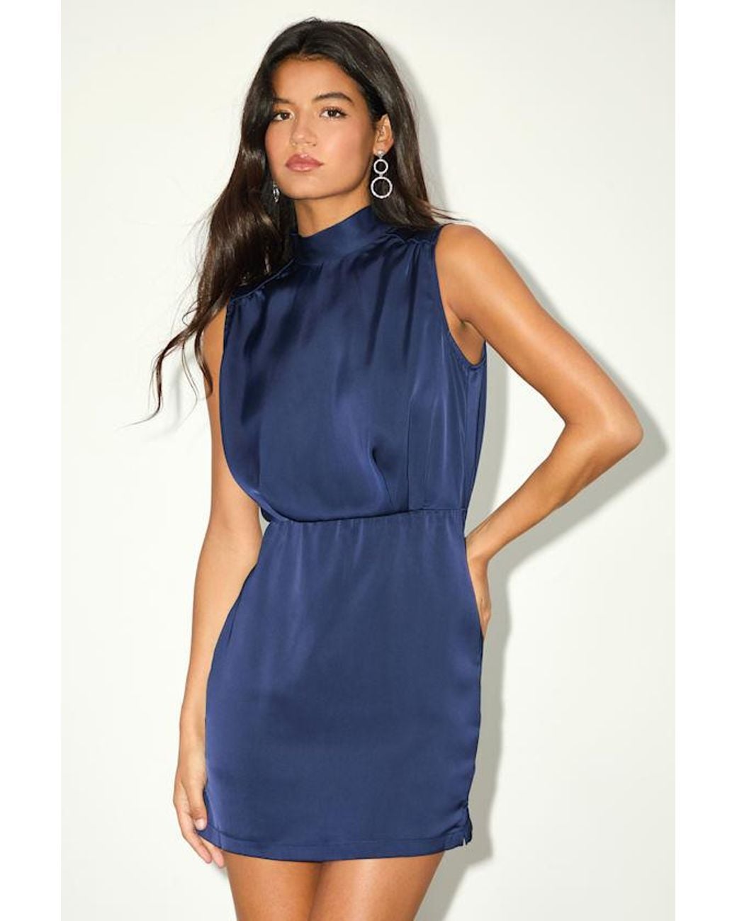 Lulus Blue Classic Elegance Satin Sleeveless Mock Neck Mini Dress
