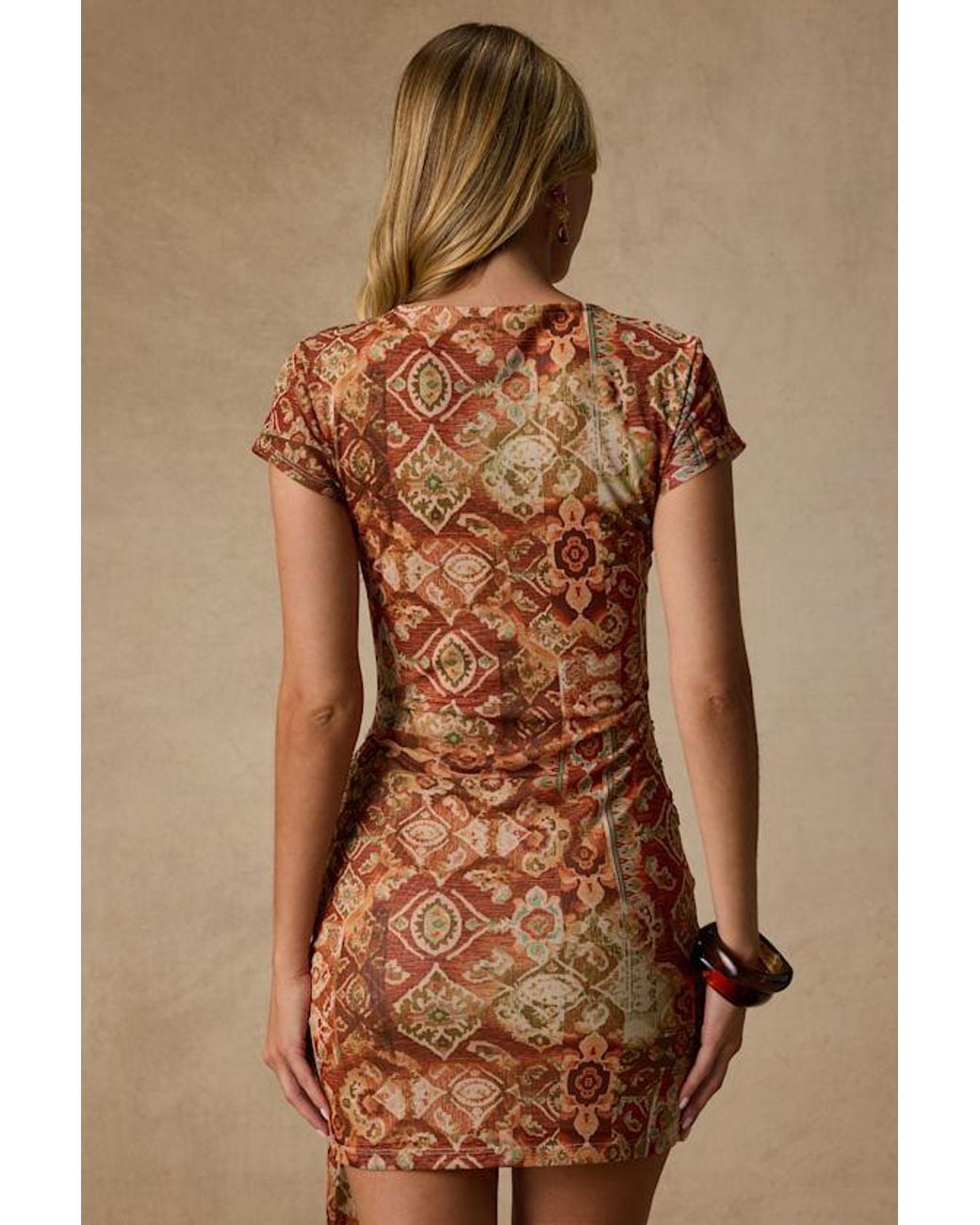 Lulus Brown Kamora Rust Multi Boho Print Mesh Sash Mini Dress