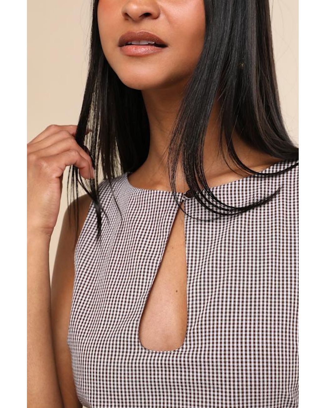 Lulus Brown Connoly Dark Gingham Keyhole Cutout Mini Dress