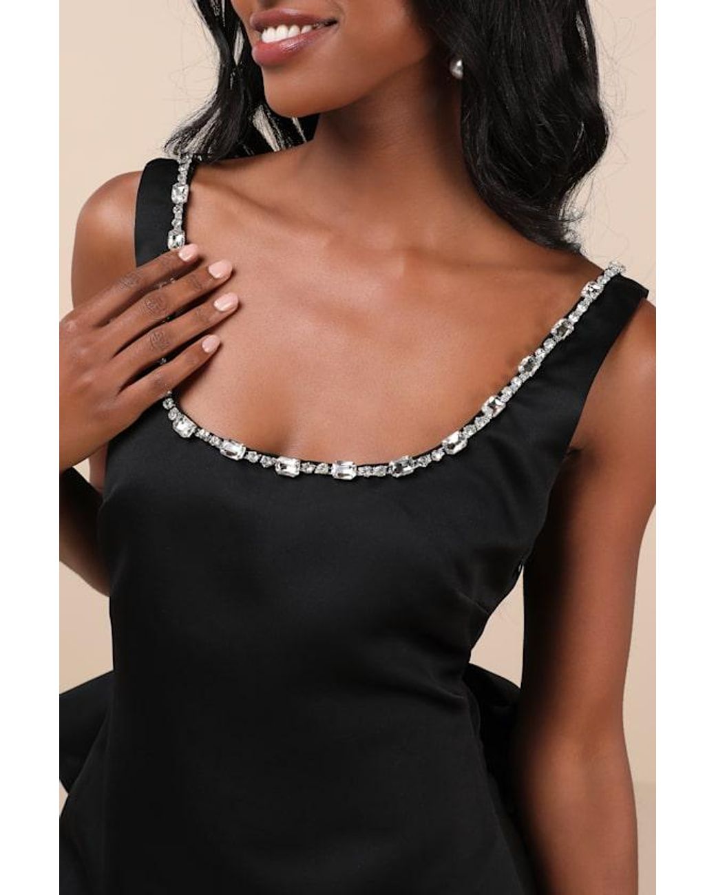 The Frolic Black Cloe Rhinestone Backless Bow Mini Dress