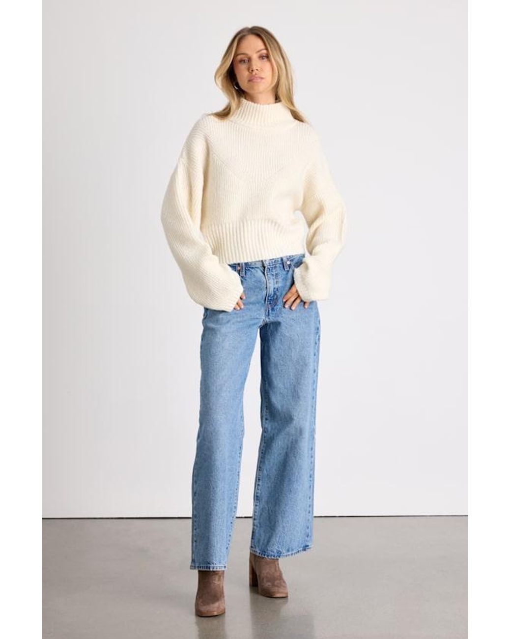 Lulus White Snuggly Days Cropped Mock Neck Sweater