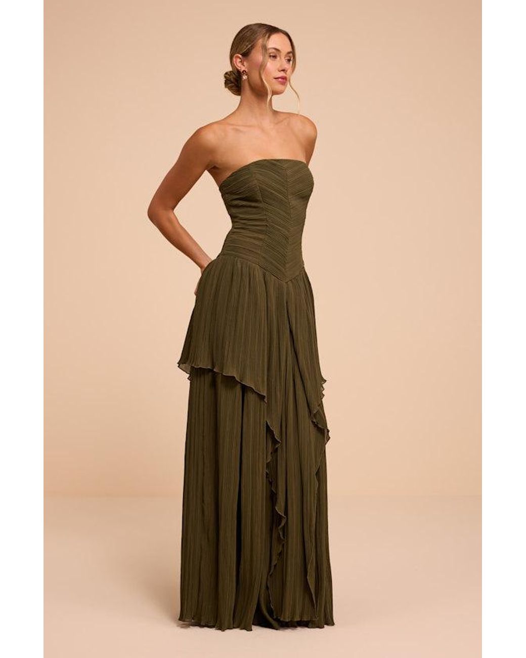Lulus Natural Seraphina Pleated Strapless Maxi Dress