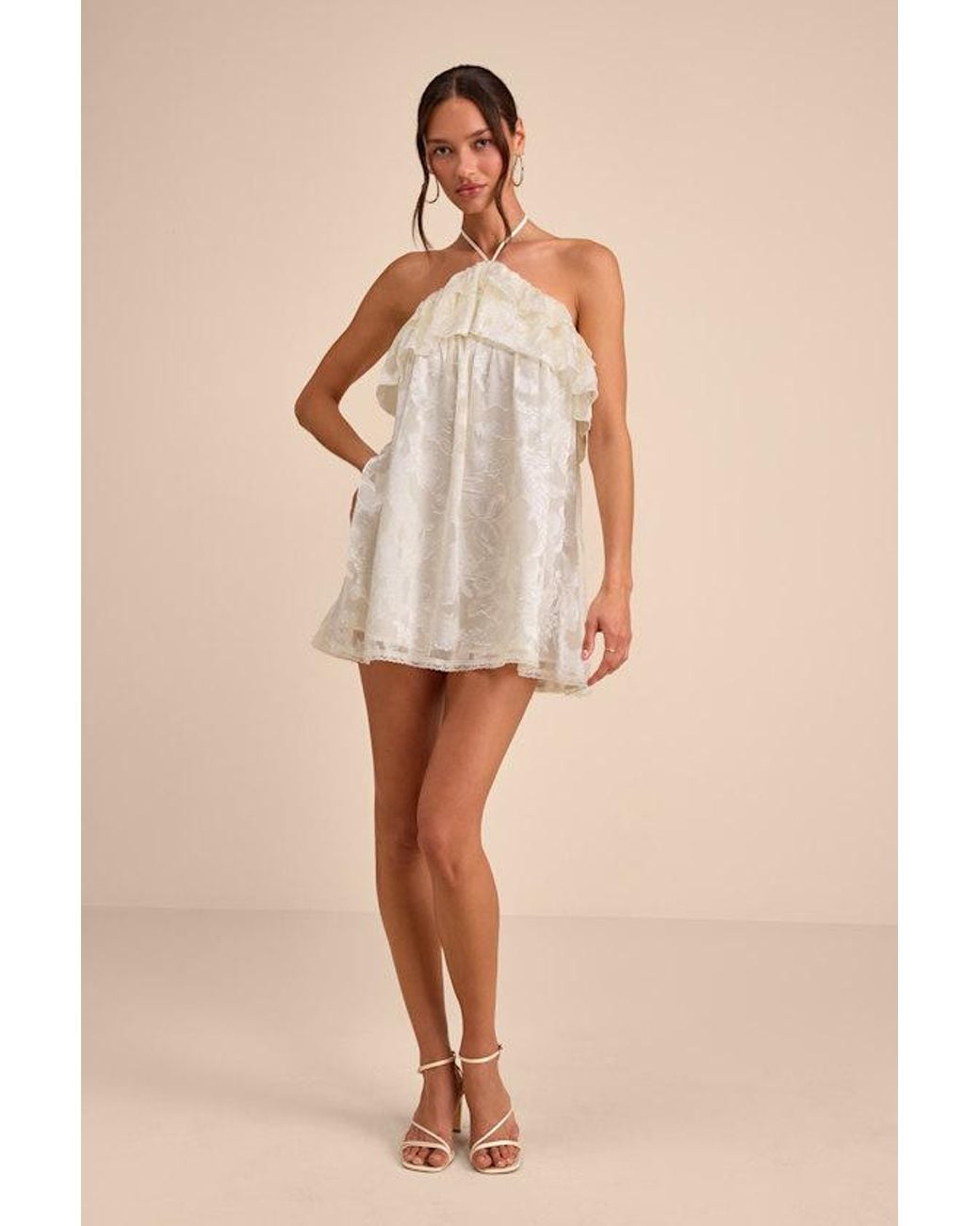 Lulus Natural Erika Floral Burnout Halter Mini Dress