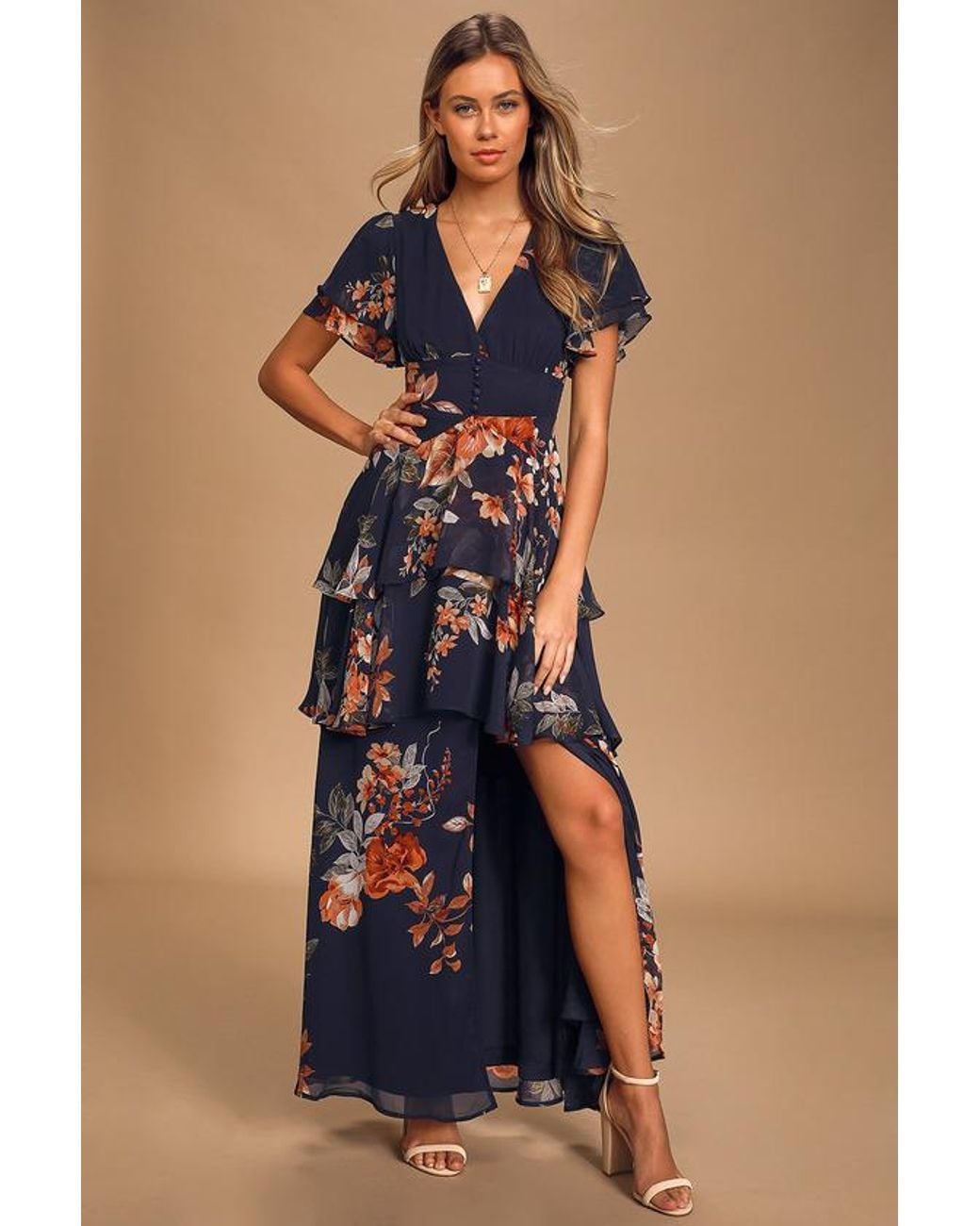 Lulus Blue Midnight Mood Floral Print Tiered Maxi Dress
