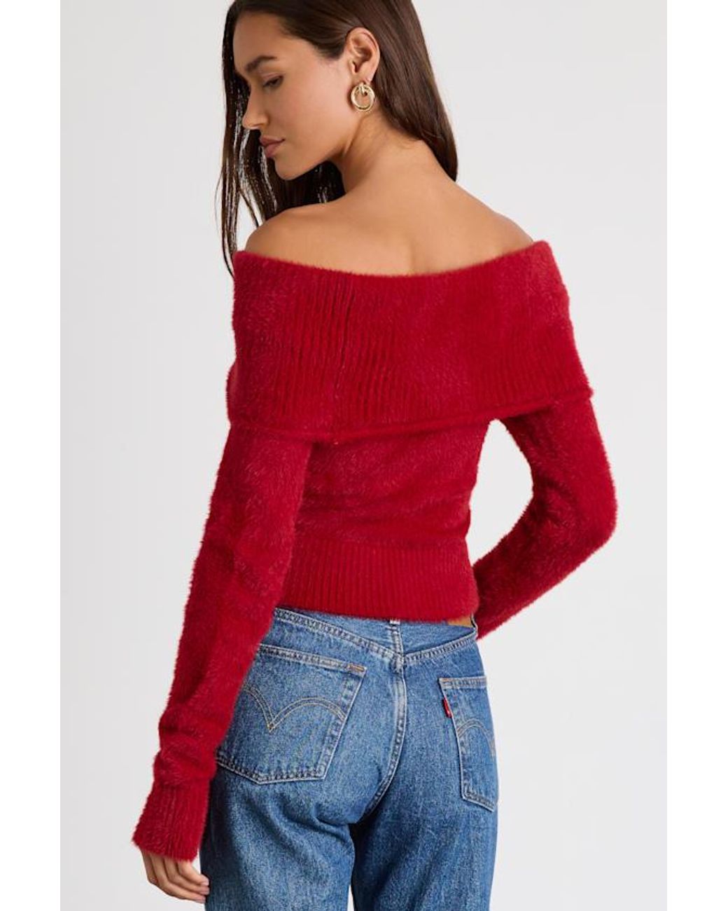 Lulus Red Ravenna Eyelash Knit Off-The-Shoulder Sweater Top