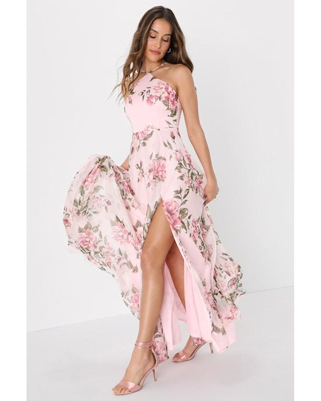 Lulus Pink Romantic Marvel Floral Print Halter Neck Maxi Dress
