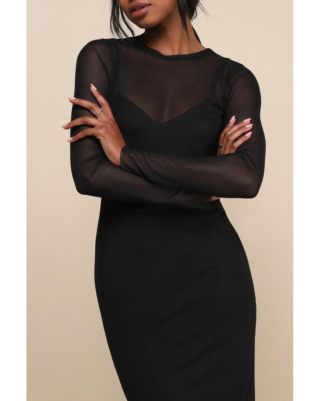 Lulus Natural Perfect Plans Sheer Mesh Long Sleeve Midi Dress