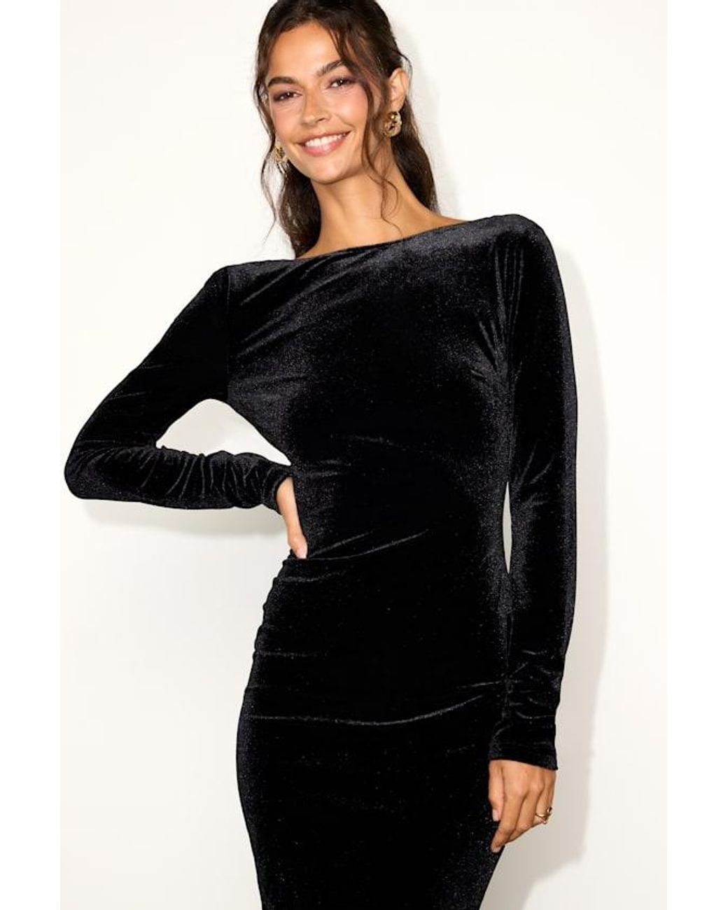 Lulus Black Va Va Voom Velvet Backless Long Sleeve Midi Dress