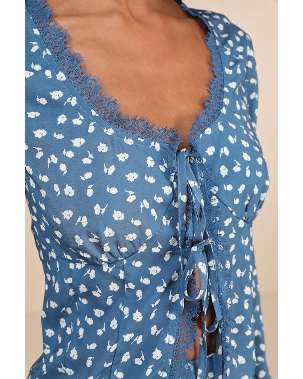 Lulus Blue Adorable Composure Floral Lace Tie-Front Long Sleeve Top
