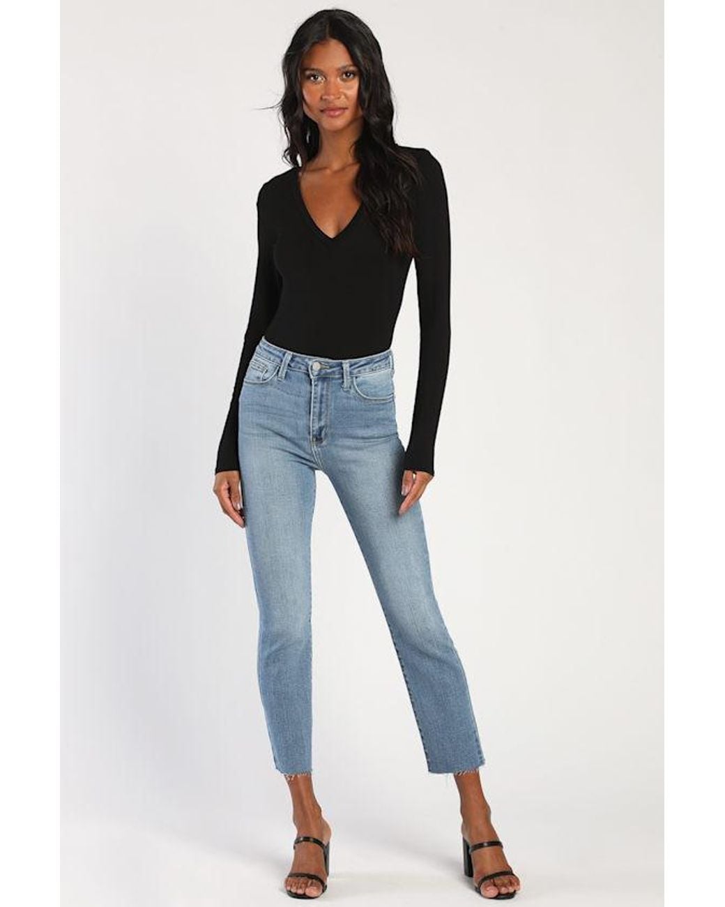 Lulus Black Clean Look V-Neck Long Sleeve Bodysuit