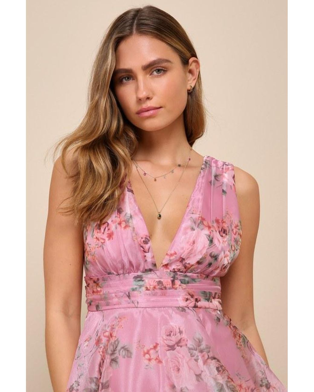 Lulus Pink Garden Radiance Floral Print Organza Tiered Maxi Dress