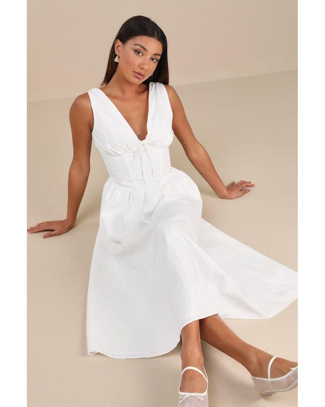 Lulus Natural Lettie Poplin Plunge Neck Midi Dress