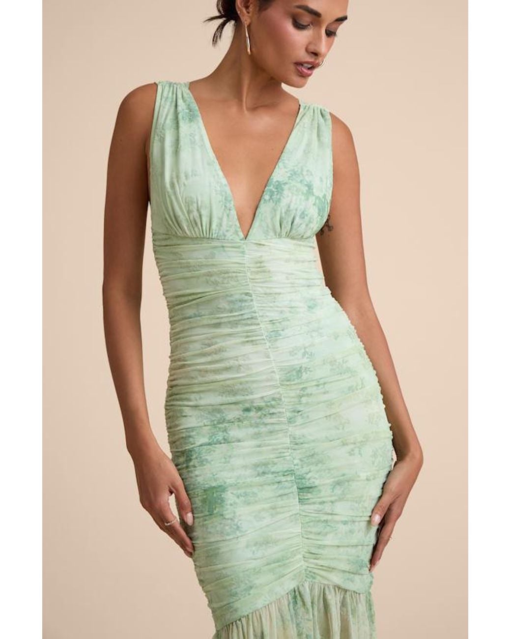 Lulus Green Jamie Floral Mesh Sheer Hem Maxi Dress