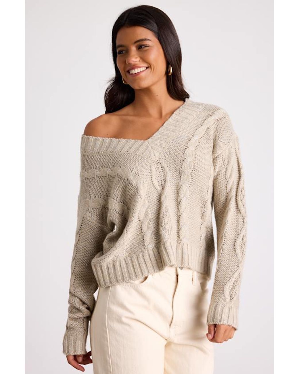 Lulus Natural Ewan Sequin Cable Knit V-Neck Sweater