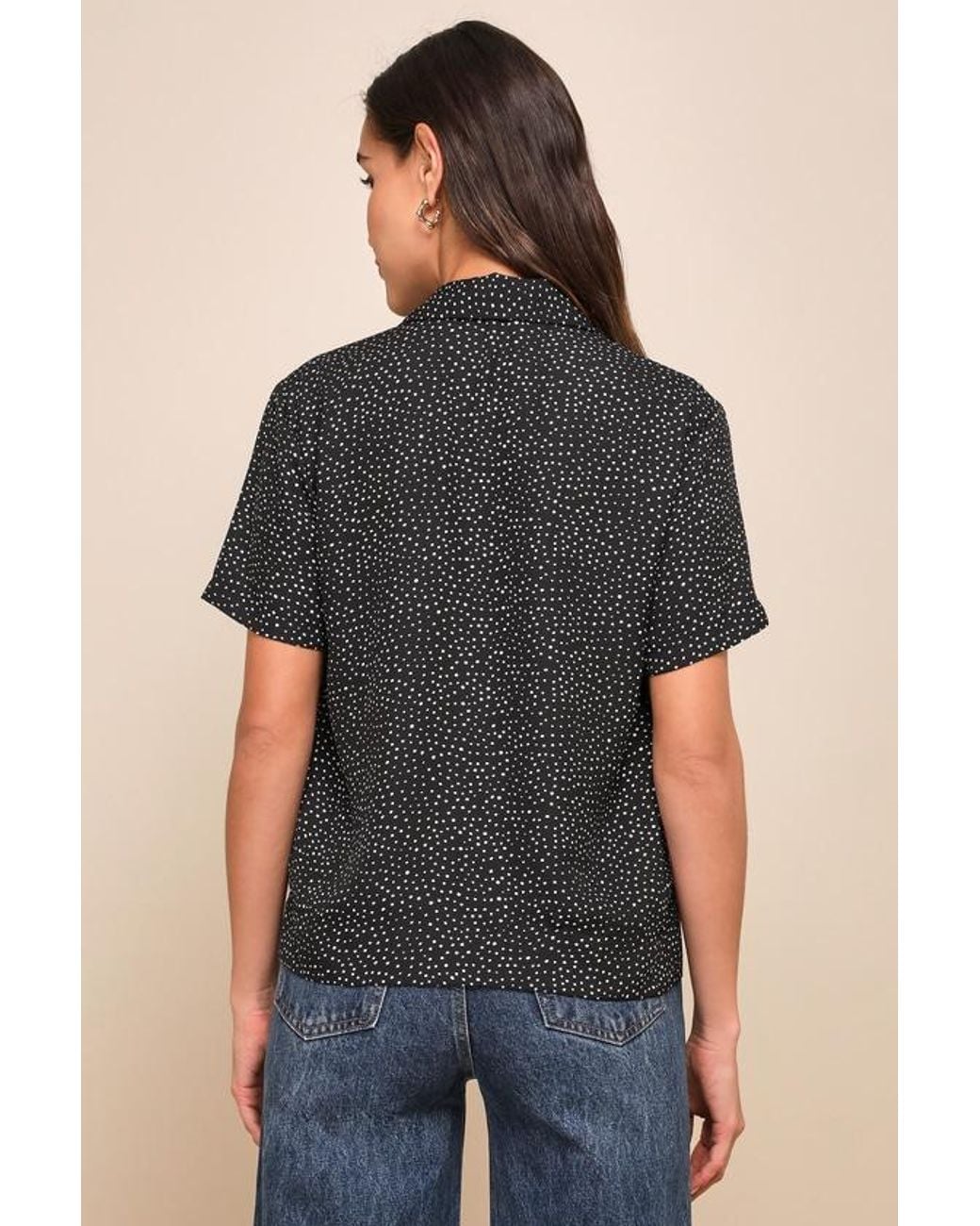Lulus Black Good Luck Charm Polka Dot Short Sleeve Button-Up Top