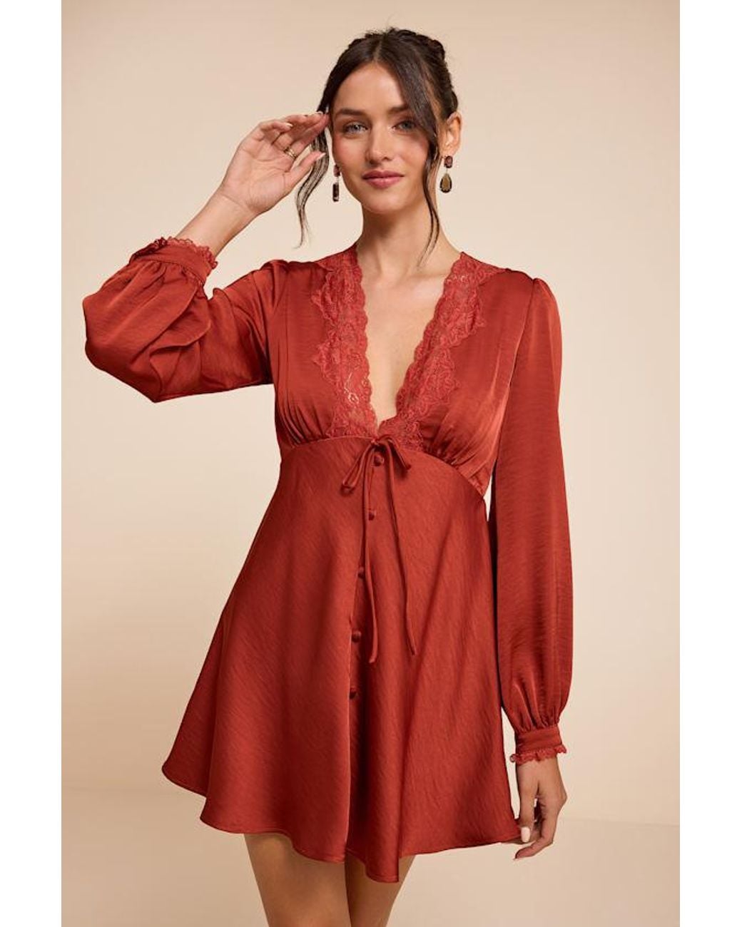 Lulus Red Goldia Satin Long Sleeve Babydoll Mini Dress
