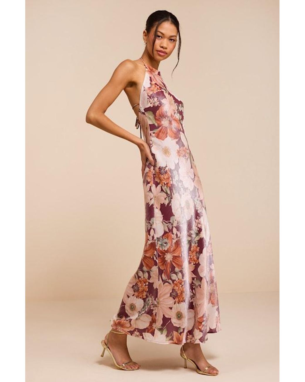 Lulus Pink Sidney Dark Multi Floral Halter Maxi Dress