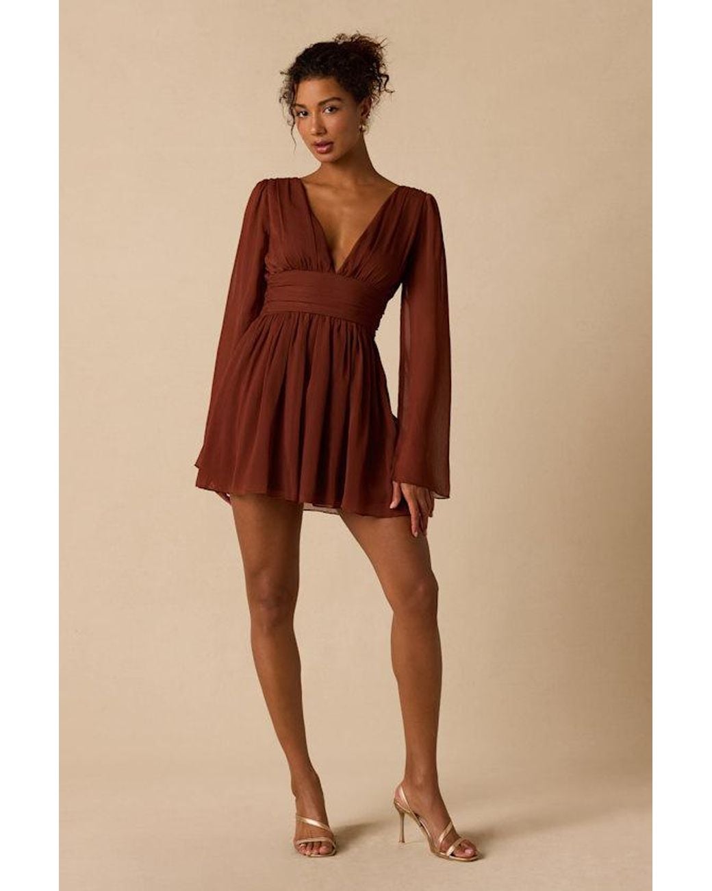 Lulus Brown Cinna Bell Sleeve Skater Mini Dress