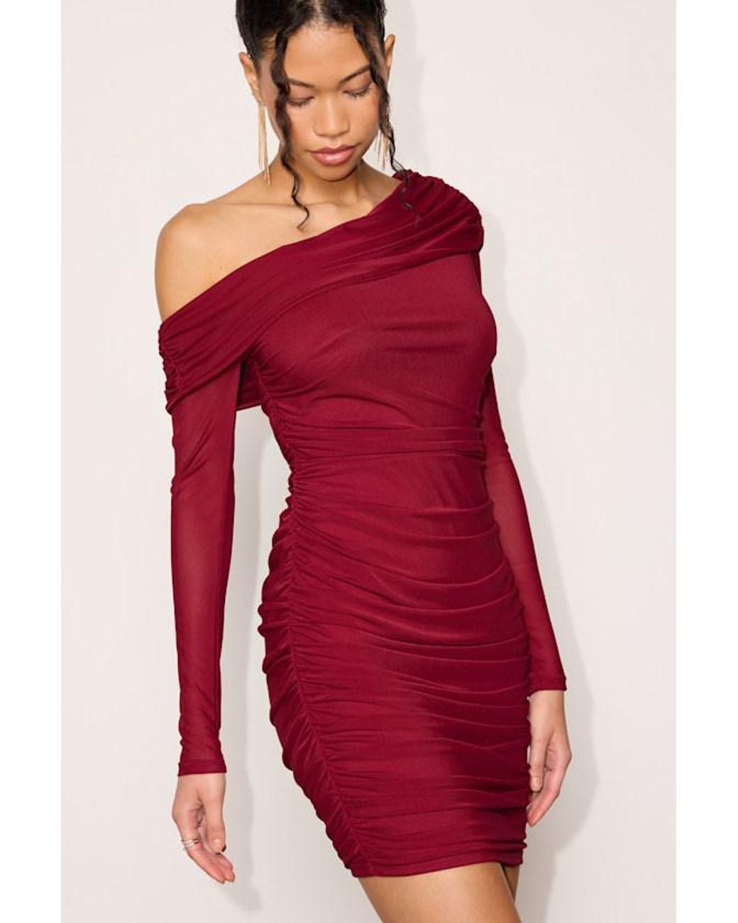 Lulus Red Darla Mesh One-Shoulder Long Sleeve Mini Dress