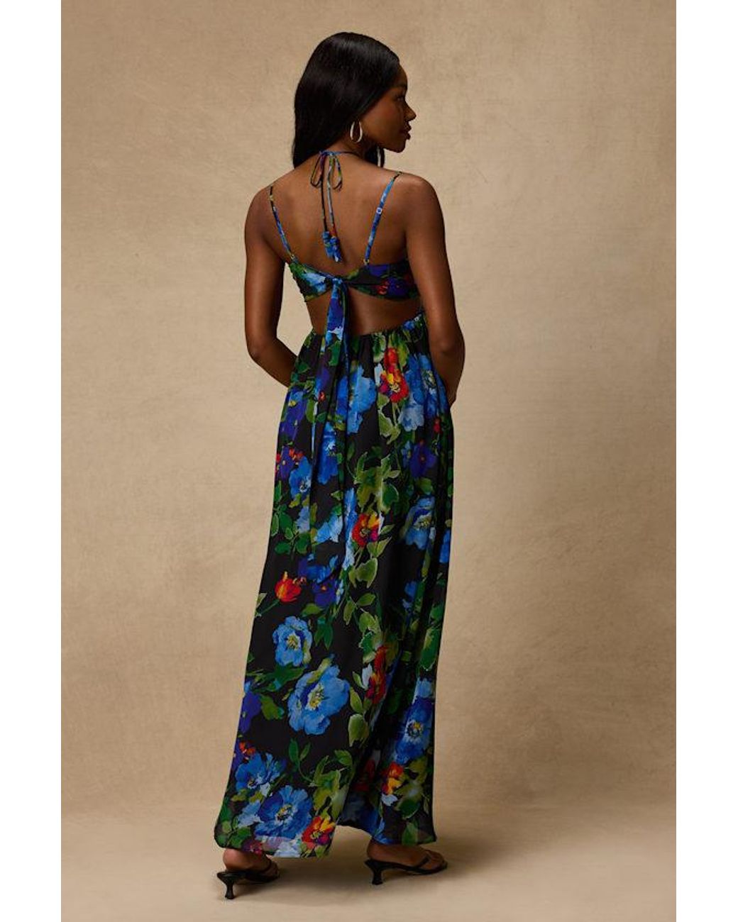 Lulus Blue Jenny Floral Print Strappy Tie-Back Maxi Dress