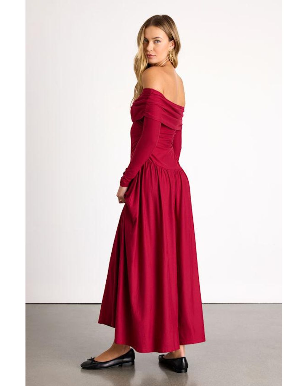 Lulus Red Sescca Off-The-Shoulder Jersey Knit Maxi Dress