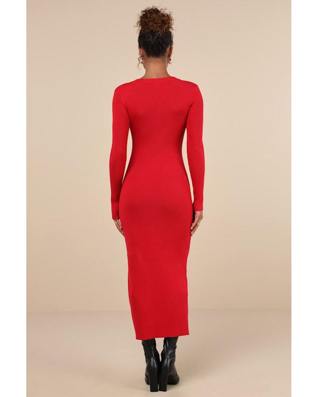 Lulus Red Refined Attitude Ribbed Side Button Midi Sweater Dress