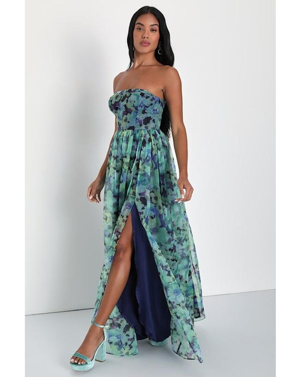 Lulus Blue Wonderful Waltz Floral Print Strapless Bustier Maxi Dress