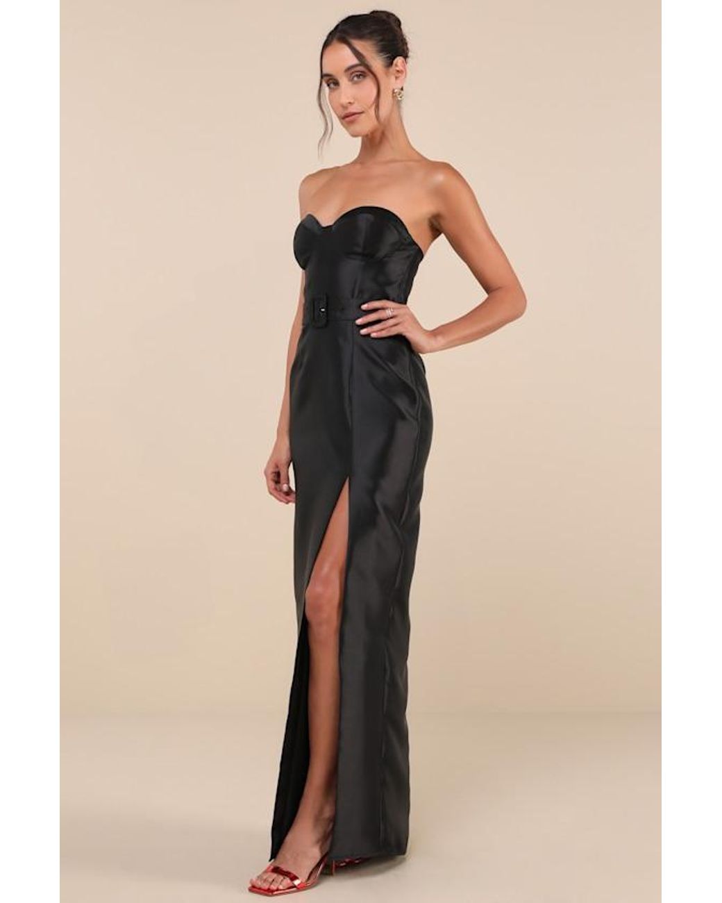 Lulus Black Luxe Sweetie Taffeta Belted Strapless Maxi Dress
