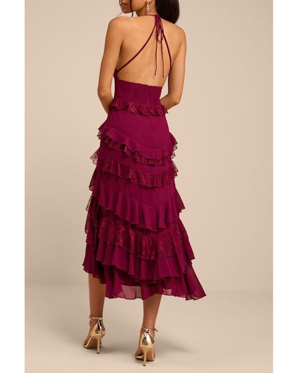 Lulus Red Melena Ruffled Lace Midi Dress