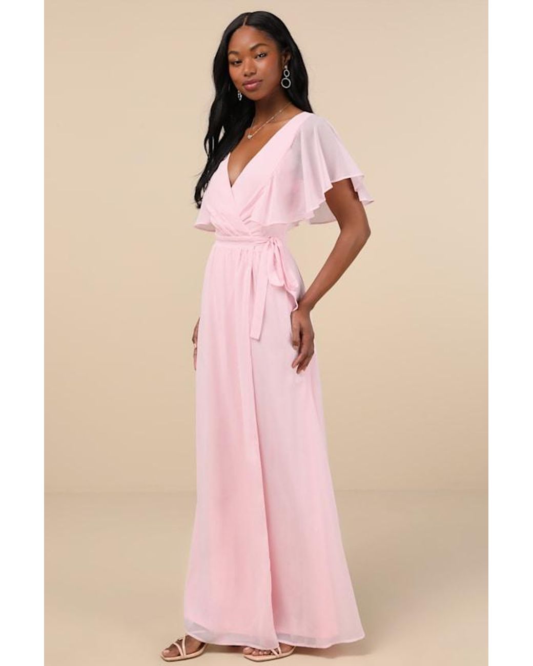 blush bridesmaid dresses lulus Convincing Grace Light Flutter Sleeve Wrap Maxi Dress in Pink Trouser Size:34 Stretch jersey dress A wide shoulder strap Under 400