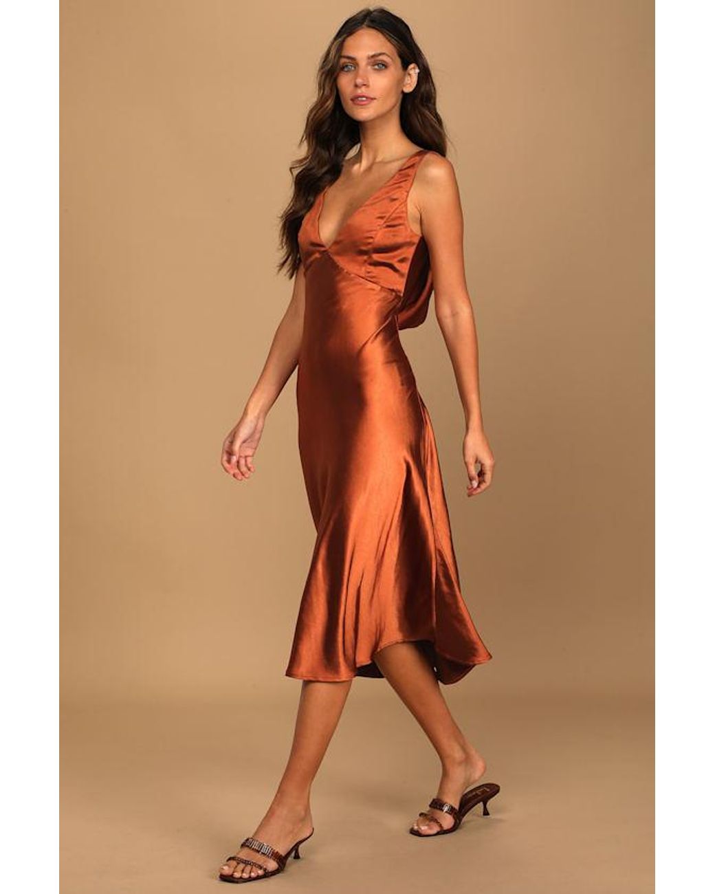 Lulus Brown Incredible Love Satin Cowl Back Midi Slip Dress