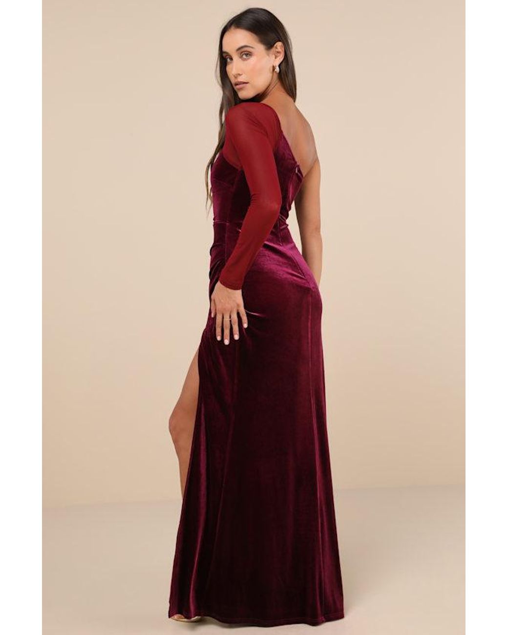 Lulus Red Lavish Style Dark Velvet Mesh One-Shoulder Maxi Dress