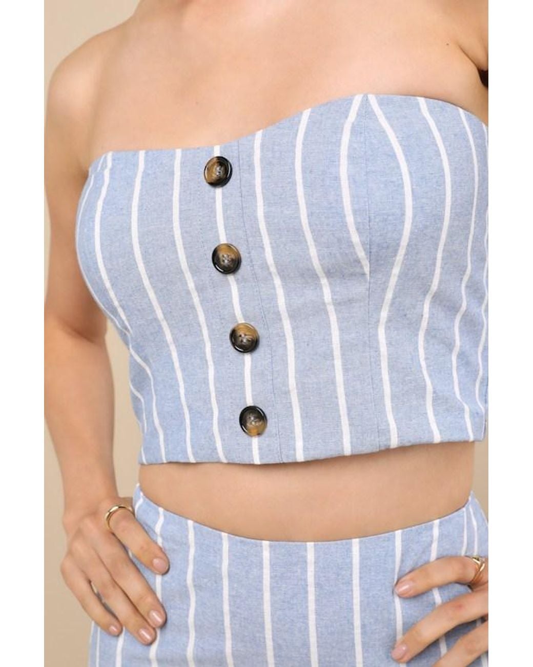 Lulus Blue Solana Striped Strapless Button-Front Top