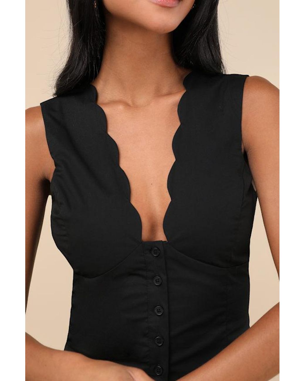 Lulus Black Seasonally Lovely Scalloped Button-Front Top
