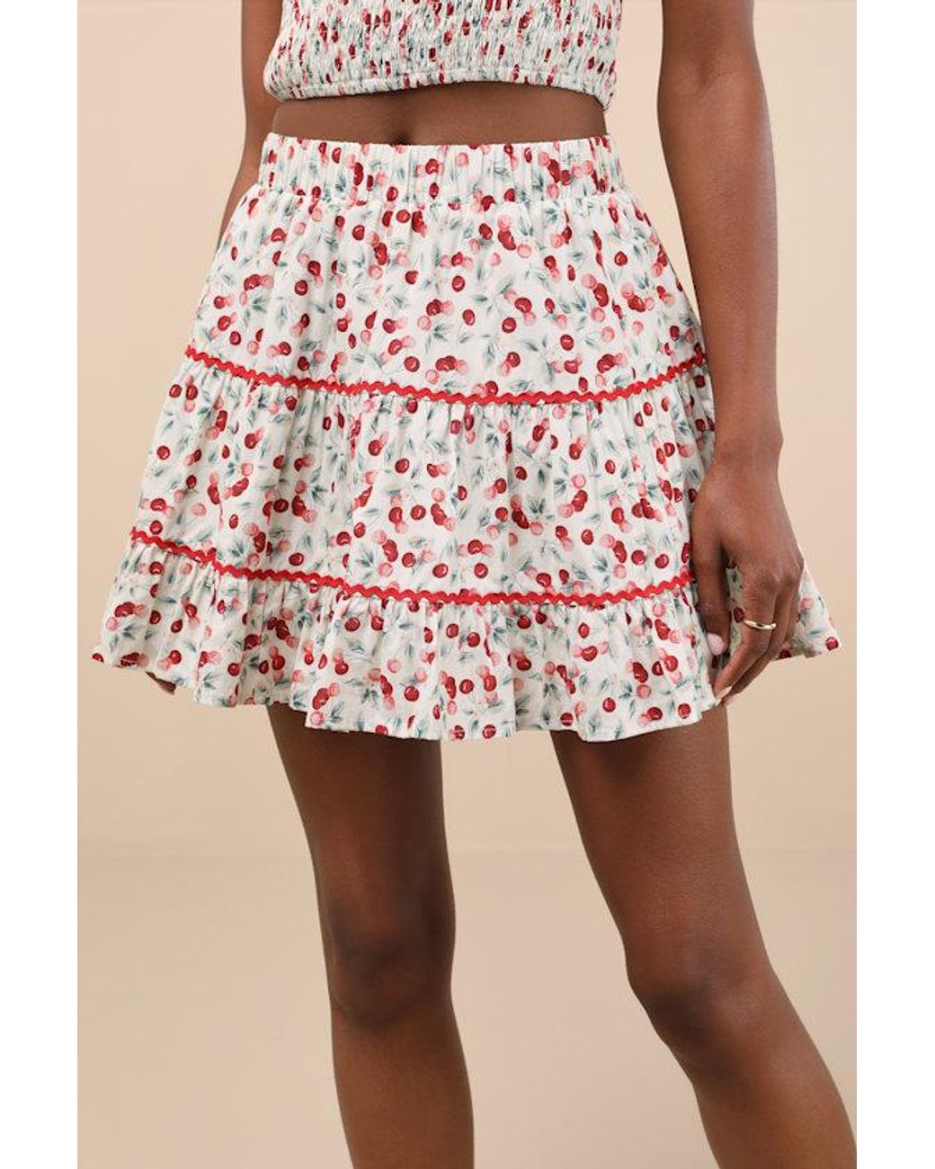 Lulus Pink Chelan Cherry Print Tiered Mini Skirt