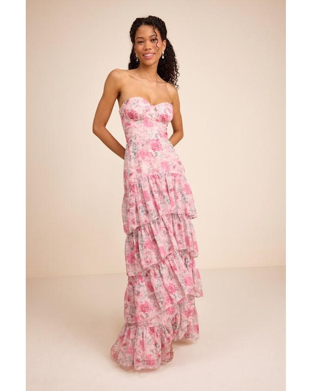 Lulus Pink Dessie Floral Tiered Maxi Dress